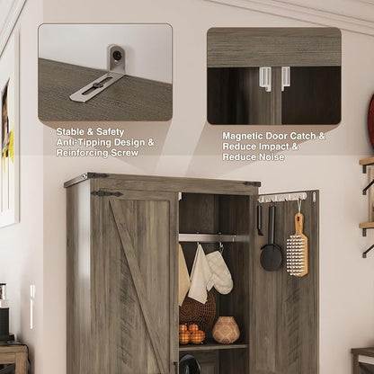 Befrases Set of 2 Farmhouse Rustic Grey Storage Cabinet with Adjustable Shelves, Large Pantry Organize with 2 Barn Doors, Tall Freestanding Cabinet for Kitchen, Bathroom, Garage, Living, Utility Room