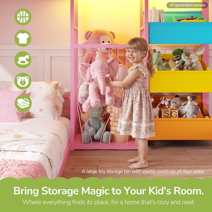 Hasuit Bunk Bed Twin Over Twin Size with Large Toy Storage Organizer and 3 Bins, Twin Bunk Beds with LED Lights, Metal L-Shaped Loft Bed with 13.4" H Safety Guardrail & Ladder, for Kids & Teens, Pink