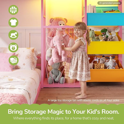 Hasuit Bunk Bed Twin Over Twin Size with Large Toy Storage Organizer and 3 Bins, Twin Bunk Beds with LED Lights, Metal L-Shaped Loft Bed with 13.4" H Safety Guardrail & Ladder, for Kids & Teens, Pink