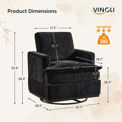 VINGLI 360° Swivel Accent Chair with Double-Layer Seat Cushions, Comfy Single Square Sofa Armchair, Upholstered Club Chair for Living Room,Bedroom, Reading Room, Chenille Black