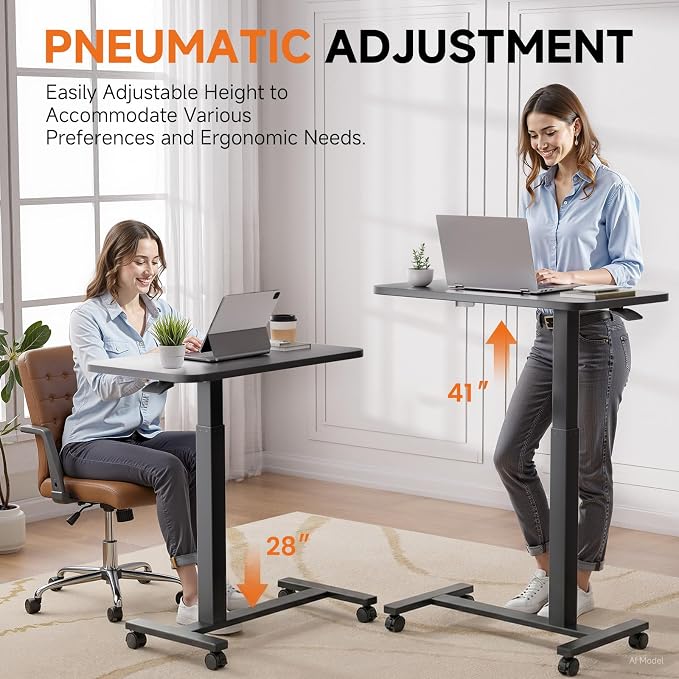 GTPLAYER Small Standing Desk with Lockable Wheels, Pneumatic Mobile Rolling Laptop Desk,Adjustable Height Overbed Bedside Table Computer Workstation for Home Office (32" W x 18" D, Black)