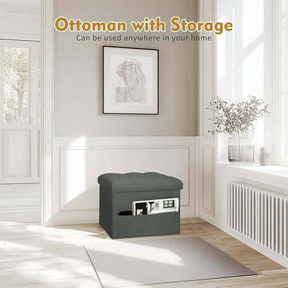 BelugaHelper Small Ottoman with Storage, Foldable Ottoman Foot Rest Stool with Thicker Foam Padded Seat. Linen Storage Bench for Bedroom Living Room, Holds Up to 300 lbs, 17x13x13IN(Black Green)