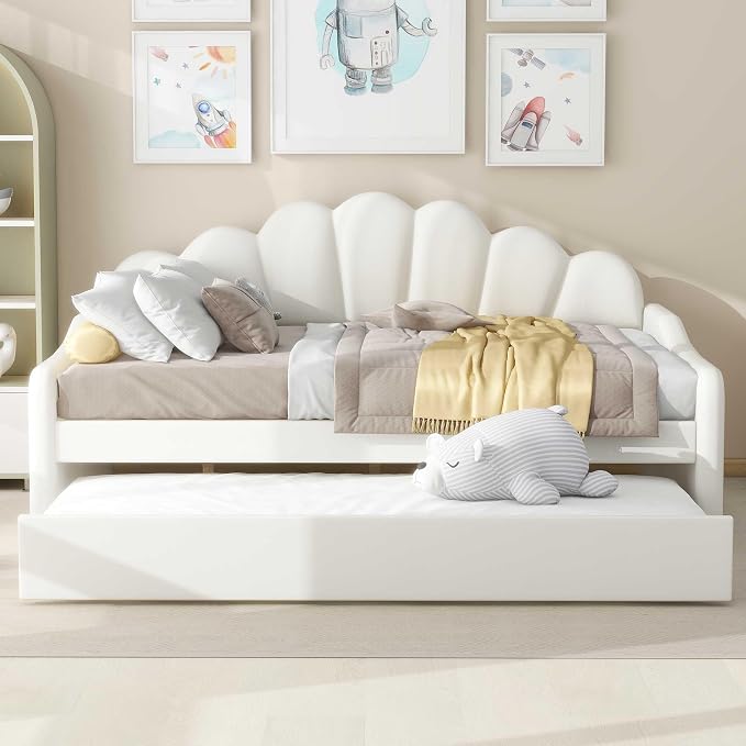 Ball & Cast Full Size Daybed with Trundle,Velvet Upholstered Day Bed Frame Full with Shall Shaped Backrest and Wood Slat Support,No Box Spring Needed,White