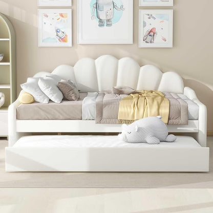 Ball & Cast Full Size Daybed with Trundle,Velvet Upholstered Day Bed Frame Full with Shall Shaped Backrest and Wood Slat Support,No Box Spring Needed,White
