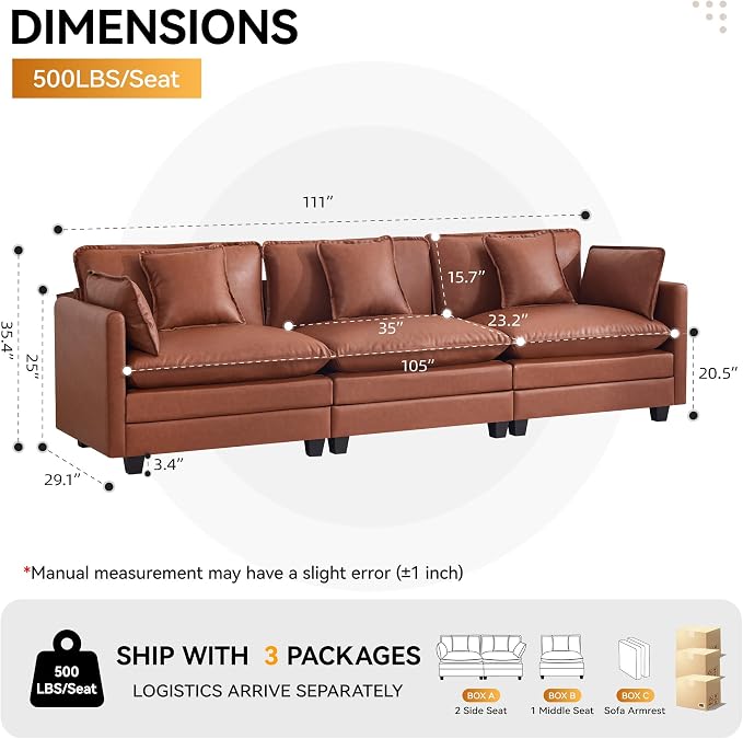 111'' Sectional Cloud Deep Seat Couch, Modern Comfy Leather Modular Sectional Sofa for Living Room Set, Upholstered Modular 3-Seats Sofa Couch, Leather Brown