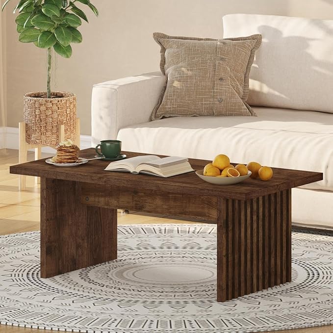 BON AUGURE Coffee Table for Living Room, 43Inch Farmhouse Wood Center Table, Rectangle Mid-Century Living Room Tables, Unique Fluted Panel Coffee Tables (Rustic Oak)