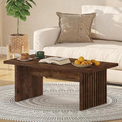BON AUGURE Coffee Table for Living Room, 43Inch Farmhouse Wood Center Table, Rectangle Mid-Century Living Room Tables, Unique Fluted Panel Coffee Tables (Rustic Oak)