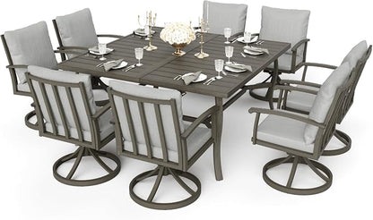 HAPPATIO Patio Dining Set, Aluminum Outdoor Dining Set for 8, 59" Large Square Dining Table with Umbrella Hole and 8 Swivel Chairs, Outdoor Table and Chairs for Lawn Yard Patio