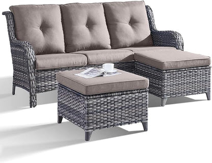 Outdoor Patio Furniture - 3 Seater Outdoor Rattan Wicker Sofa Patio Couch with Ottoman for Porch Deck Garden Backyard - Grey/Grey