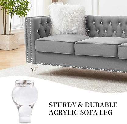 83" Chesterfield Sofa, Velvet Mid-Century Modern Upholstered Couch with 2 Throw Pillows and Acrylic Legs, Nailhead Button Tufted Vintage Sofa for Living Room, Apartment, Office, Grey