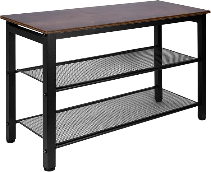 3-Tier Shoe Rack Bench, Industrial Shoe Organizer with Metal Mesh Shelves and Wood Seat, 29.5 Inch Entryway Storage Bench for Living Room or Hallway, Rustic Brown