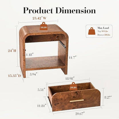 Night Stand Set of 2 [Unique Curved Profile] [FSC-Certified Wooden Board] 1-Drawer and 1 Storage Shelf Nightstand 24" H Metal Handle Modern Bedside Table Side Table End Table