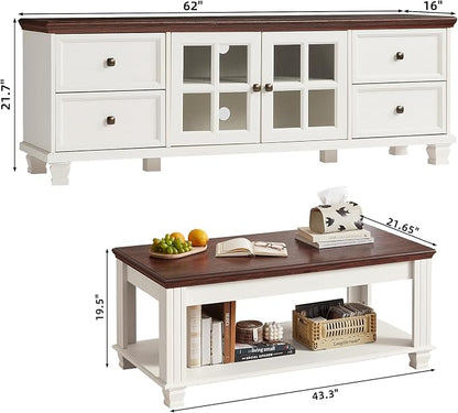 SAVOR LIFE Farmhouse TV Stand and Coffee Table Set, Living Room Furniture Set with TV Console and Center Table, White