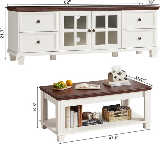 SAVOR LIFE Farmhouse TV Stand and Coffee Table Set, Living Room Furniture Set with TV Console and Center Table, White