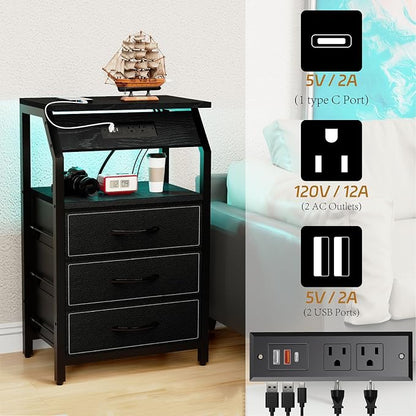 SZLHANJZ End Table with 3 Drawers, Nightstand with Charging Station and LED Lights, Small Fabric Night Stand for Bedside, Storage Side Table for Living Room Dorm, Black