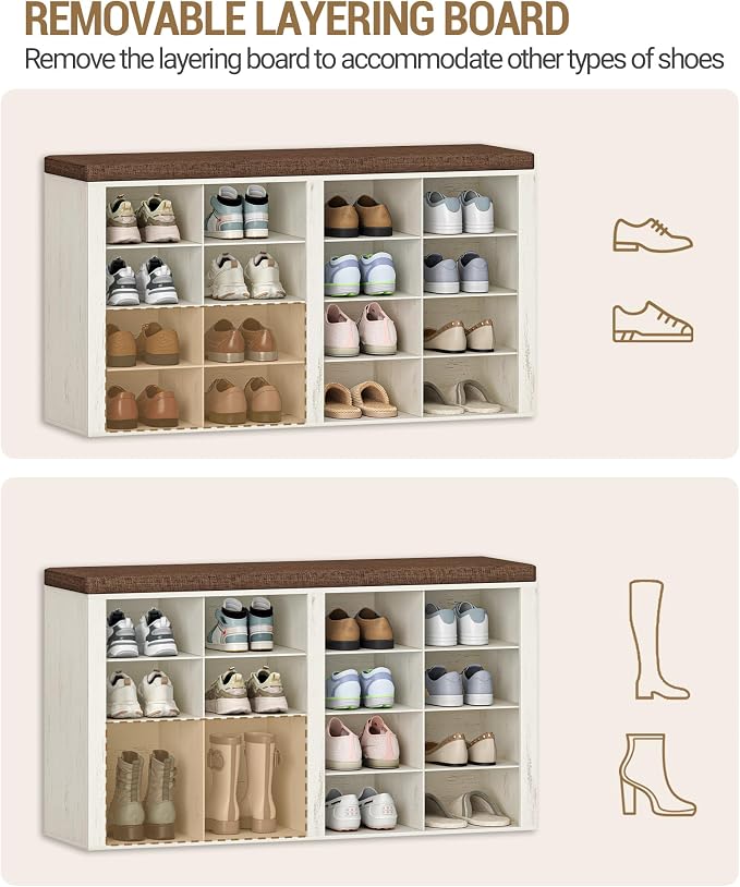 Hzuaneri Shoe Bench with Cushion, Entryway Storage Bench with 16 Cubbies, Cubby Shoe Rack with Adjustable Shelves, Shoe Organizer Cabinet for Living Room, Bedroom, Entryway, Rustic White SB25614KA