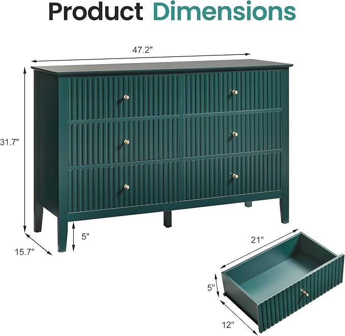 RoyalCraft 6 Drawer Dresser, Fluted Modern Wood Chest of Drawers, Long Dresser for Bedroom TV Stand Storage Cabinet for Living Room, Green