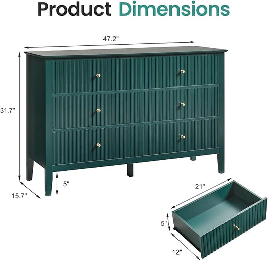 RoyalCraft 6 Drawer Dresser, Fluted Modern Wood Chest of Drawers, Long Dresser for Bedroom TV Stand Storage Cabinet for Living Room, Green