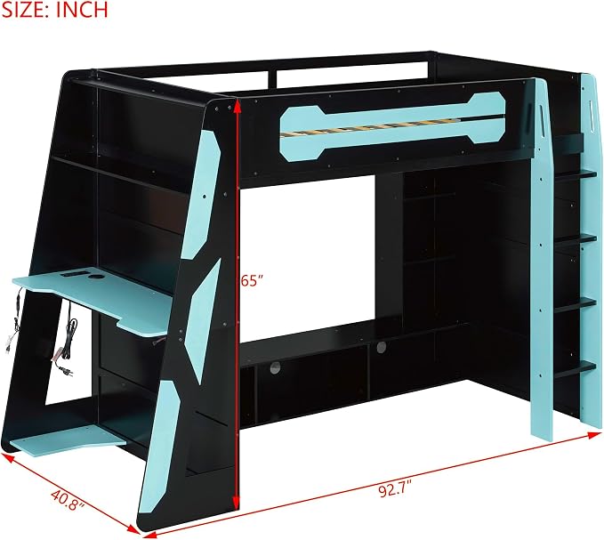 Merax Twin Size Loft Bed with Desk, Multi-Storage Shelves and RGB Light | Space-Saving Wooden Gaming Bed Frame with Charging Station and Guardrail