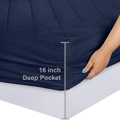 Quilted Fitted Mattress Pad, Queen Mattress Protector Topper with Deep Pocket Stretches up to 16 Inches, Machine Washable Mattress Cover by Utopia Bedding (Navy)