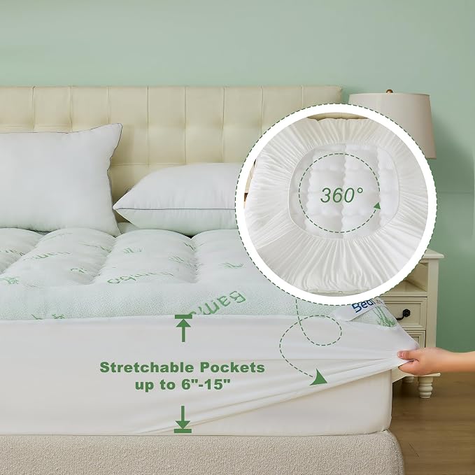 BEDLORE Twin Mattress Topper Viscose Derived from Bamboo, Thick Pillow Top Mattress Pad with Stretchable Pockets for 6"-15" Mattress, Soft Breathable Mattress Topper for Back Pain Relief