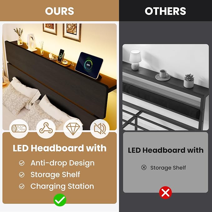 SHA CERLIN Full Size Bed Frame with Led Light & Built-in Charging Station, Wooden Headboard with Storage Shelf, Metal Platform Bed, Under Bed Storage, No Box Spring Needed, Noise Free, Black