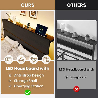 SHA CERLIN Queen Size Bed Frame with Led Light & Built-in Charging Station, Wooden Headboard with Storage Shelf, Metal Platform Bed, Under Bed Storage, No Box Spring Needed, Noise Free, Black