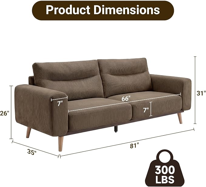 Claiks 81" Oversized Loveseat Sofa, Mid Century Modern Couch for Living Room, Bedroom & Apartment, Corduroy Upholstered 2-3 Seater Sofa with Sturdy Metal Frame, Easy Assembly, Brown