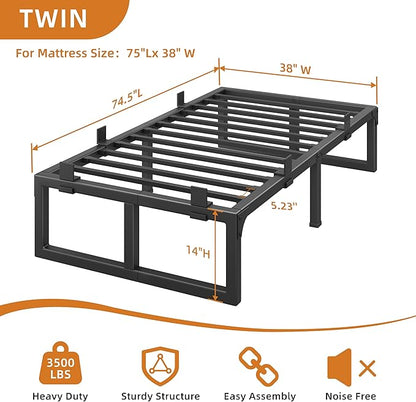 Twin Bed Frames, 14 Inch Metal Platform Bed Frame with Squeak Free U-Slot Design, 6 Non-Slip Guards, 3500lbs Heavy Duty Steel Slat Support, No Box Spring Needed, Under Bed Storage, Black