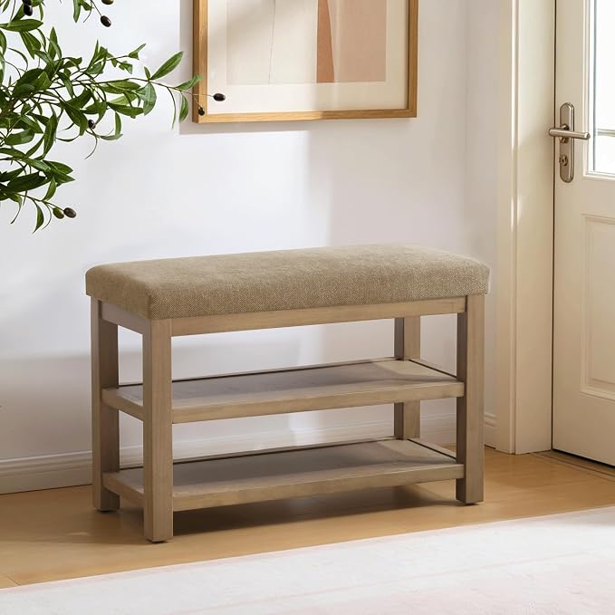 Zihanhome 2 Tier Shoe Rack Bench with Cushion, Solid Wood Shoe Benches, Mid-Century Modern Shoe Storage Bench for Entryway, Hallway, Living Room, Closet, Front Door Entrance, (Brown, 31.5")