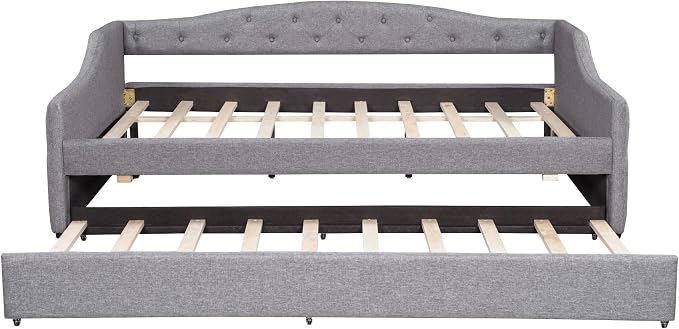 Merax Full XL Size Modern Upholstered Platform Bed with Trundle Bed, Linen Daybed with Wood Slat Support, Storage Bed Frame with Headboard/Gray
