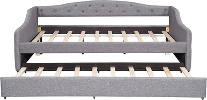 Merax Full XL Size Modern Upholstered Platform Bed with Trundle Bed, Linen Daybed with Wood Slat Support, Storage Bed Frame with Headboard/Gray