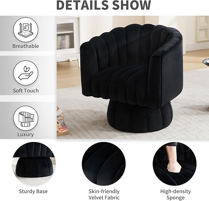 Swivel Accent Barrel Chair Set of 2- Cute Comfy Small Round 360° Arm Chair Velvet Sofa Club Reading Chair for Living Room Bedroom Office Black