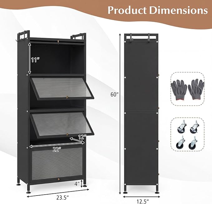 Giantex 5-Tier Kitchen Storage Cabinet, Freestanding Metal Pantry Cabinet w/ 4 Flip-up PC Doors, 4 Hooks & Adjustable Feet, 60” Tall Bakers Rack Microwave Stand for Dining Room, Living Room, Black
