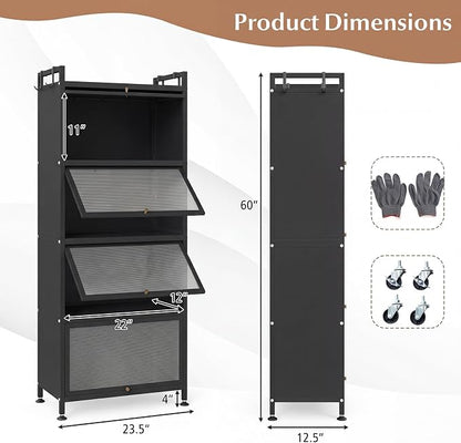 Giantex 5-Tier Kitchen Storage Cabinet, Freestanding Metal Pantry Cabinet w/ 4 Flip-up PC Doors, 4 Hooks & Adjustable Feet, 60” Tall Bakers Rack Microwave Stand for Dining Room, Living Room, Black