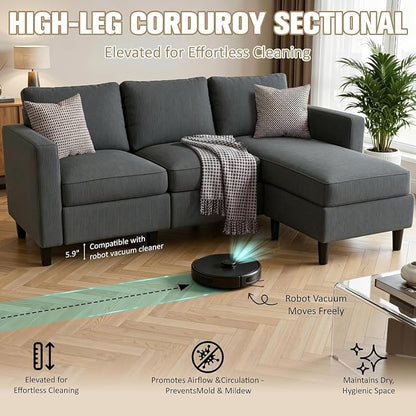 JAMFLY 3-Seat Reversible Sectional Sofa with Convertible Ottoman, Modern Ribbed Fabric L-Shaped Couch for Living Room, Small Apartment & Office, Easy Tool-Free Assembly, Grey