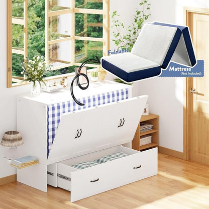 Full Murphy Bed with Drawer, Folded Cabinet Bed with Wheels & Black Metal Handles, Modern Murphy Bed Cabinet for Bedroom Guest Room White 75.6”L x 55.9”W x 41.3”H