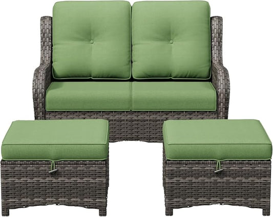 3-Piece Outdoor Couch Set, 1 Wicker Patio Loveseat with Thickened Olefin Cushions, High Back and Deep Seating, Hand-Woven PE Rattan and 2 Ottomans, Patio Conversation Set for Porch, Deck