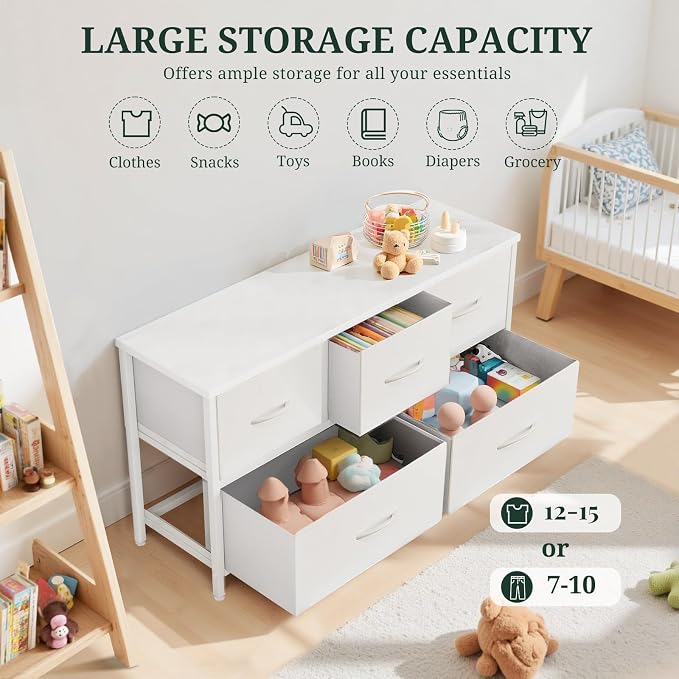 5-Drawer Dresser for Bedroom, Anti-Tip Wide Storage Organizer Fabric Chest of Drawers TV Stand for 45" TV with Wooden Top and Metal Frame for Closet, Living Room, Hallway, Entryway, White