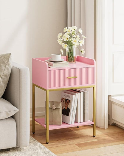 Nightstand, 3-Tier Bed Side Table, Small End Table, Night Stand with Open Shelf and Drawer, Bedside Table for Bedroom, Living Room, Pink