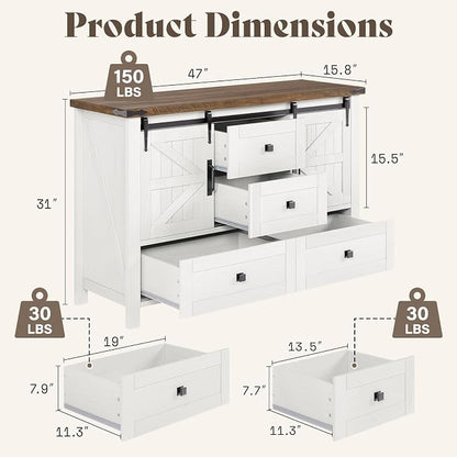 AMERLIFE 4-Piece Farmhouse Bedroom Set in Distressed White, King Size Bed Frame with Bookcase Headboard, 5-Drawer Tall Dresser, 47'' Dresser with 4 Drawers, 60" Dresser with 4 Drawers