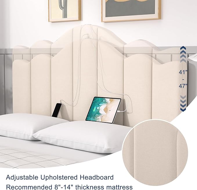 VECELO Queen Bed Frame with Adjustable Headboard, Heavy-Duty Upholstered Platform with Strong Wood Slats, No Box Spring Needed, Easy Assembly, Pure Beige