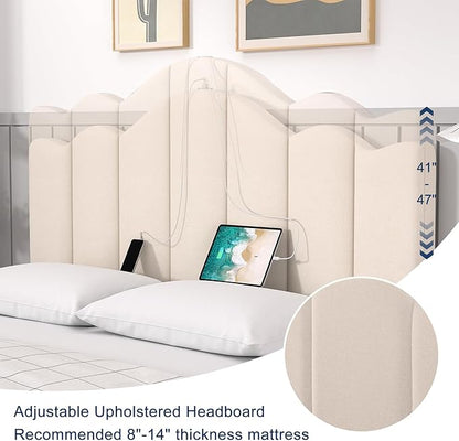 VECELO Queen Bed Frame with Adjustable Headboard, Heavy-Duty Upholstered Platform with Strong Wood Slats, No Box Spring Needed, Easy Assembly, Pure Beige