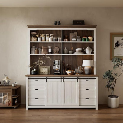 Bobve 78 * 67" Large Farmhouse Pantry Cabinet with Countertop, Buffet Cabinet,Tall Kitchen Hutch with Partitions and 6 Drawers,Suitable for Kitchen,Dining Rooms,Easy to Assemble