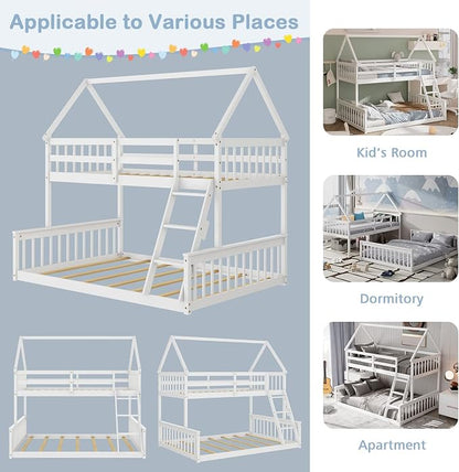 Giantex Wood Twin Over Full Bunk Bed, Solid Wood House Bed Frame Built in Ladder & Safety Guardrails, Convertible to 2 Beds, Floor Bunk Bed for Kids Teens Juniors, No Box Spring Needed, White