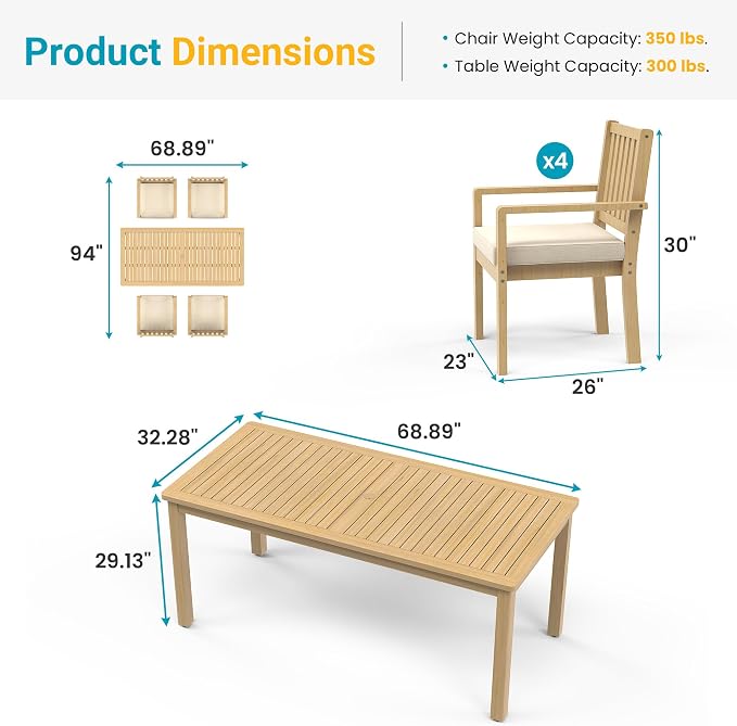 FansaFurn 5 Pieces Acacia Outdoor Patio Table and Chairs Set for All-Weather, Outside Furniture with Table Umbrella Hole and Removable Cushion for 4, Outdoor Patio Furniture Set for Garden, Beige