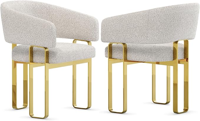 Dining Chairs with Arms Set of 2, Luxury Boucle Dining Chairs with U-Shaped Mirrored Gold Legs, Modern Barrel Chairs for Dining Table, Kitchen and Dining Room Restaurant Recepition