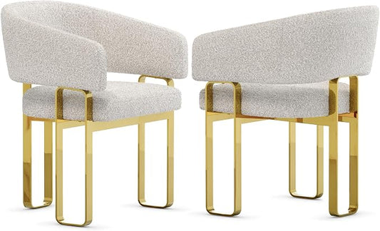 Dining Chairs with Arms Set of 2, Luxury Boucle Dining Chairs with U-Shaped Mirrored Gold Legs, Modern Barrel Chairs for Dining Table, Kitchen and Dining Room Restaurant Recepition