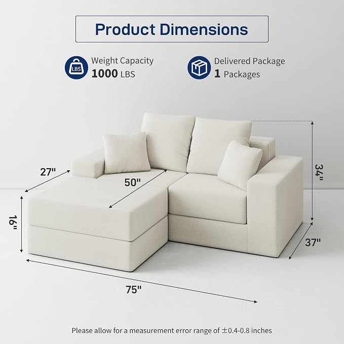Cloud Modular Sectional Sofa, Comfy Boneless Couch for Living Room, Modern L-Shaped Couch with Reversible Chaise, Customizable Sleeper Sofa with Non Slip, No Assembly & Deep Seat, Beige
