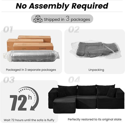 HOMREST 102" Cloud Couch Sectional, L Shaped Modern Sofa with Ottoman, Comfy Corduroy Fabric Modular Sectional Sofa in a Box, Boneless Couches for Living Room, No Assembly Required (Black)